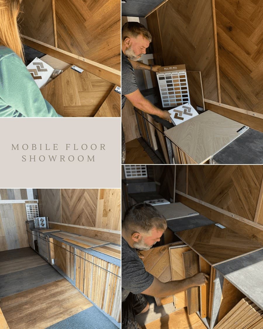 The Floor Fitter Wales mobile showroom, with flooring samples and herringbone laminate on display