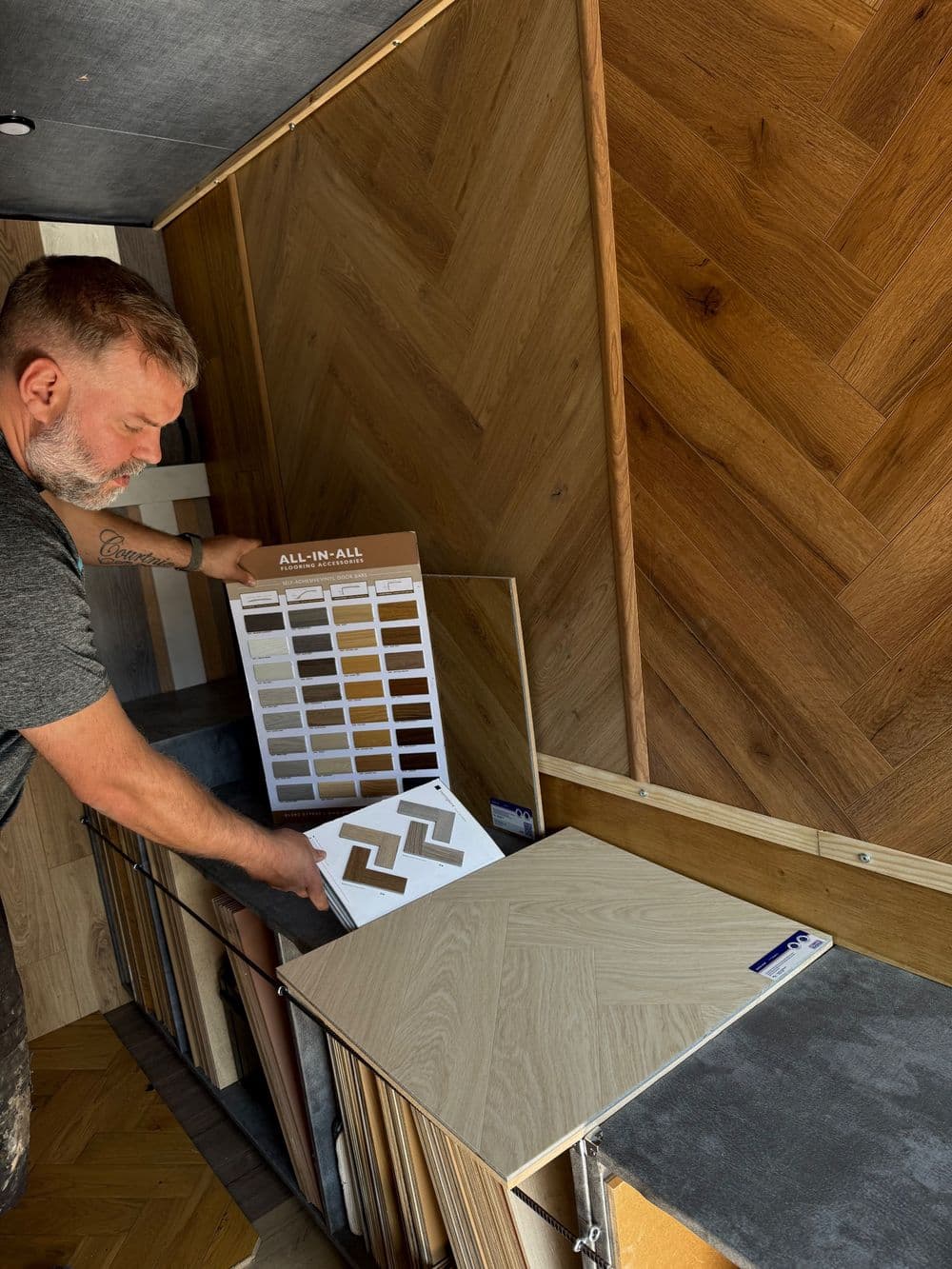 Herringbone and door-bar samples being shown in the mobile showroom
